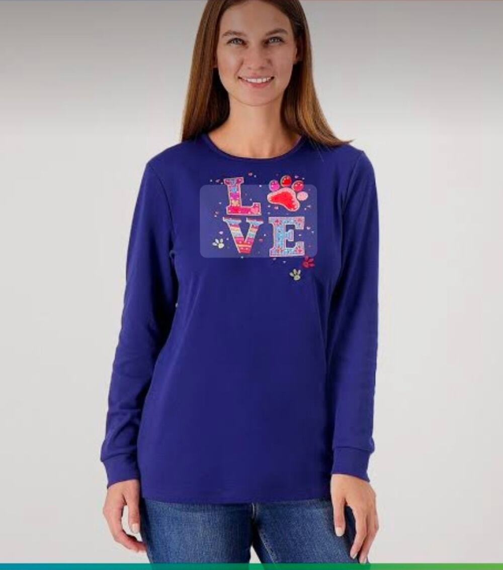 Quacker Factory Women L Love My Pet Knit Top Blue Rhinestone Paw Graphic